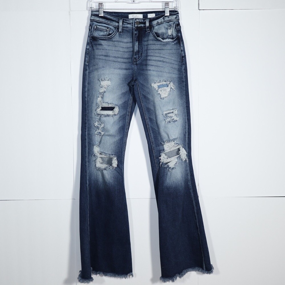 KanCan Womens Distressed High Rise Flare Blue Medium Wash Jeans Size 27